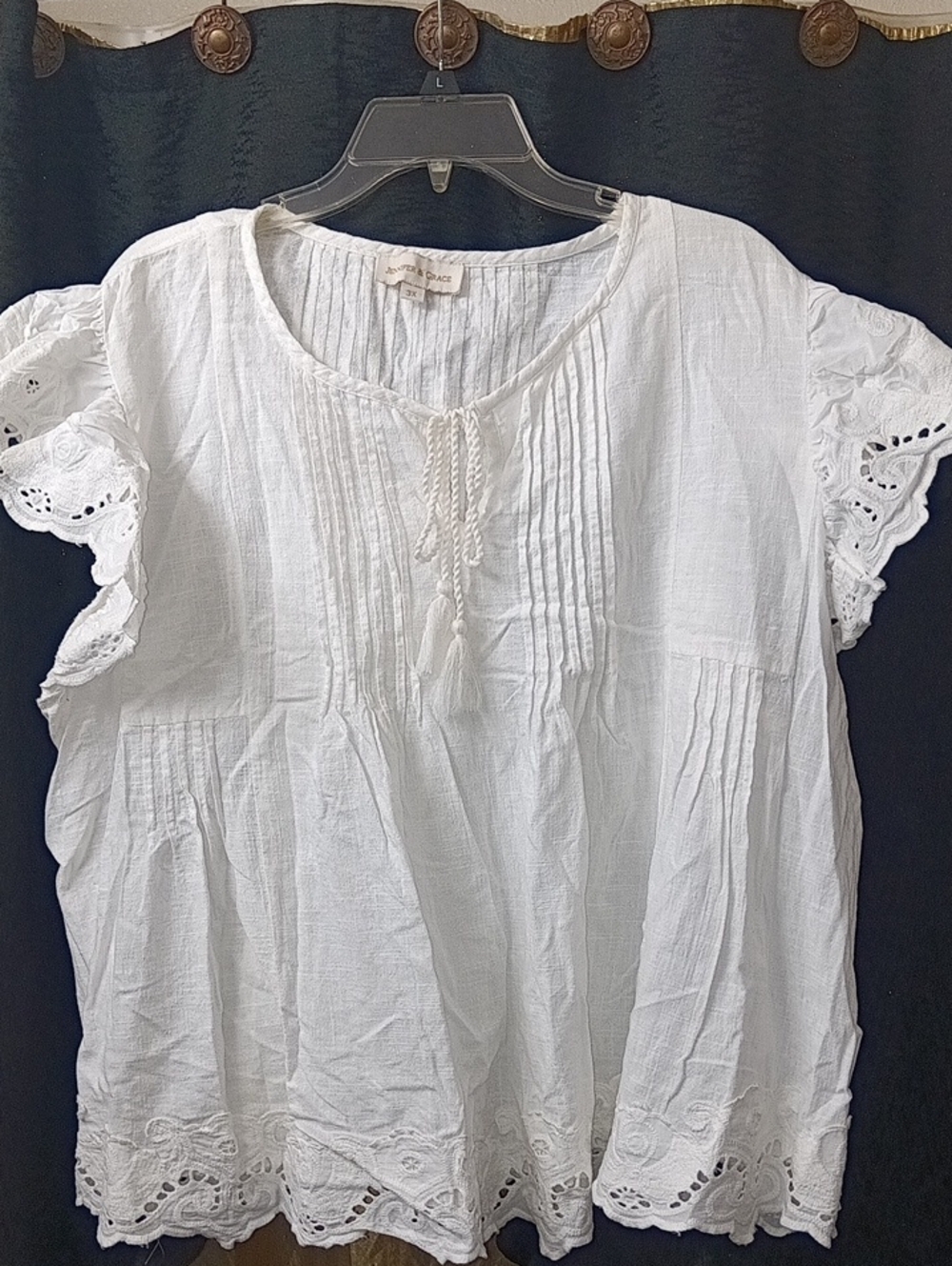 Women's White Cotton Eyelet Peasant Top